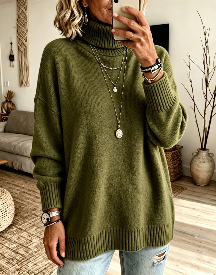 Damen Oversize Rollkragenpullover aus Feinstrick mit gerippten Bündchen und überschnittener Schulter – Mavelle