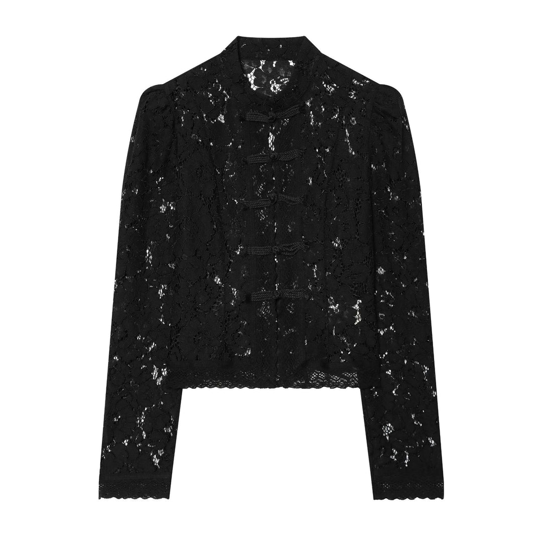 Damen elegante Spitzenjacke mit Stehkragen, dekorativen Kordelverschlüssen und cropped Silhouette – Célinea