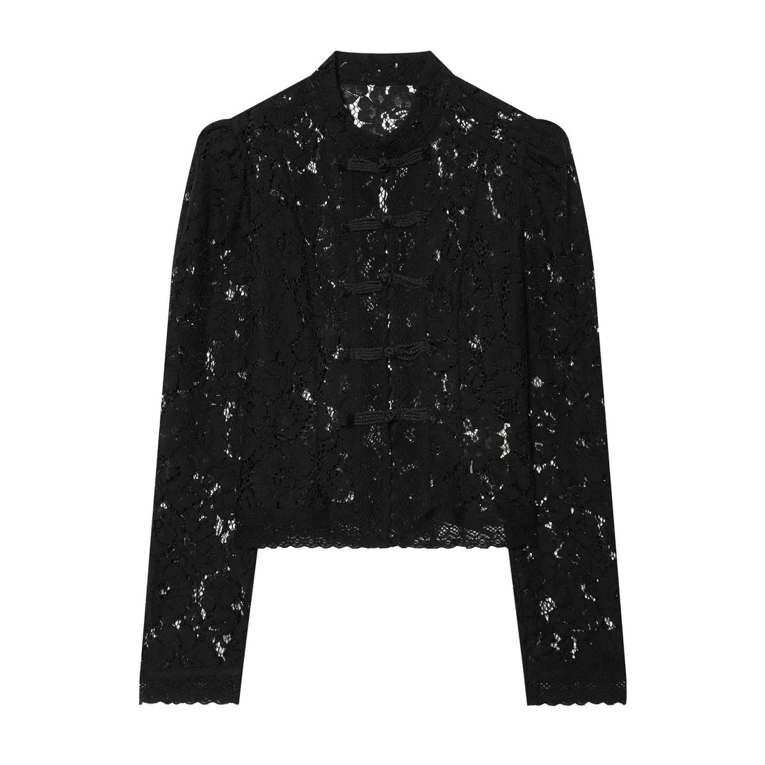 Damen elegante Spitzenjacke mit Stehkragen, dekorativen Kordelverschlüssen und cropped Silhouette – Célinea