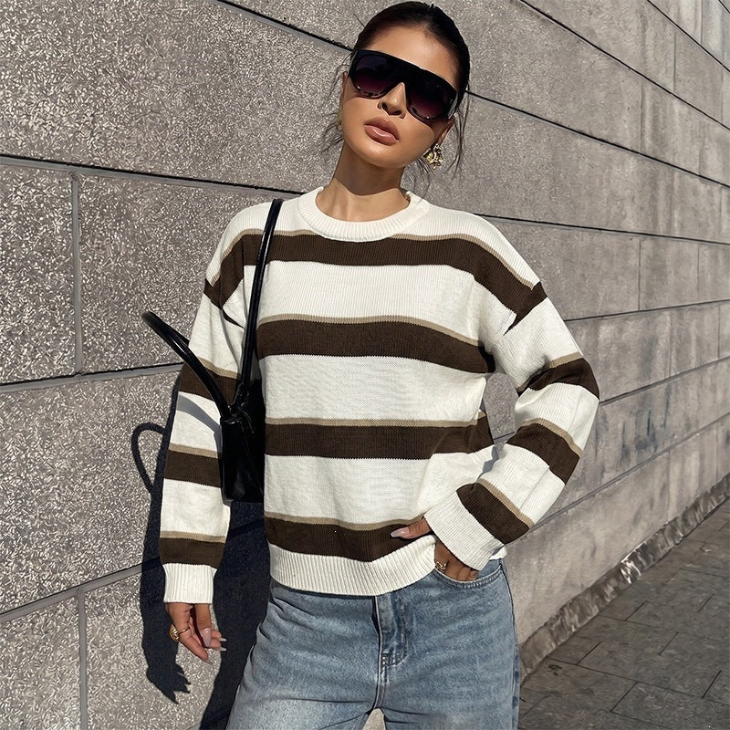 Damen Lockerer Maritim-inspirierter Oversize-Strickpullover mit breiten Blockstreifen und gerippten Bündchen Echoarchiv