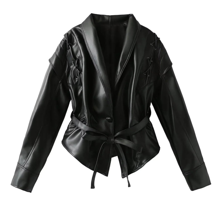 Damen Kurzjacke aus Wildlederoptik mit Wickelgürtel, Schalkragen und Schnürdetail Echo Archiv