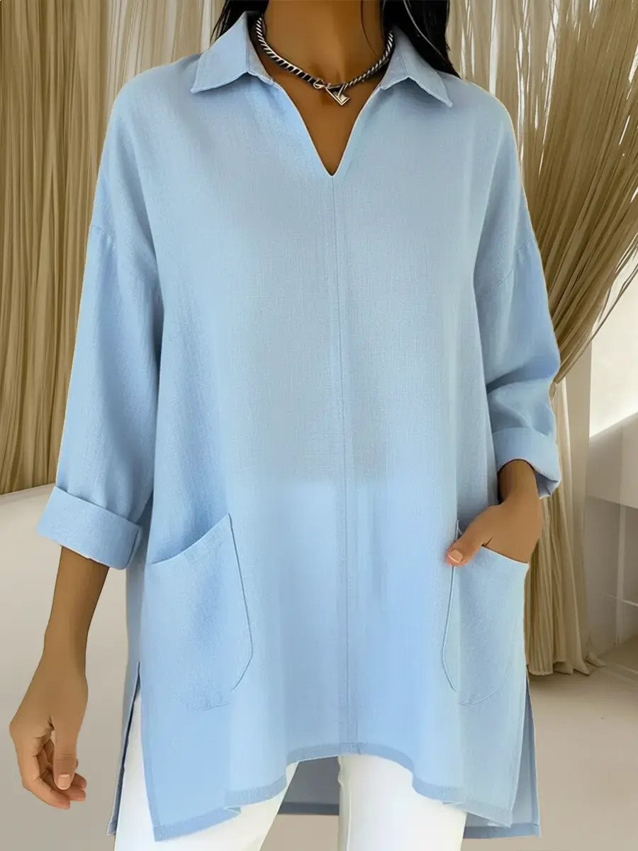 Damen Oversize-Tunika mit Hemdkragen, V-Ausschnitt und aufgesetzten Taschen Echo Archiv