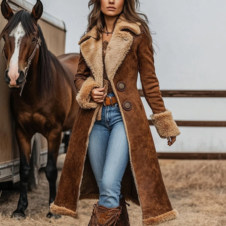 Damen nan taillierter Langmantel mit Teddyfutter, Wildlederoptik und dekorativer Knopfleiste Echo Archiv