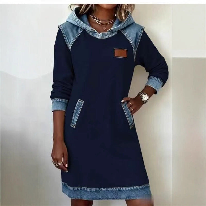 Damen nan Kapuzen-Sweatkleid mit Jeans-Applikationen, Kängurutaschen und lässigem Schnitt Echo Archiv