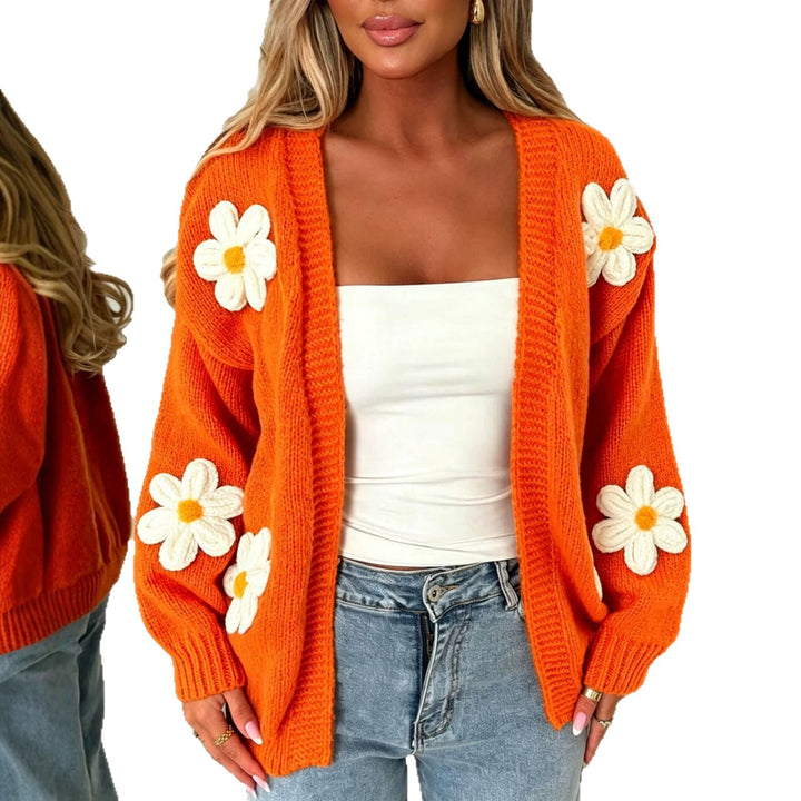 Damen Oversize-Strickcardigan mit 3D-Blumenapplikationen und geripptem Saum – Veloura