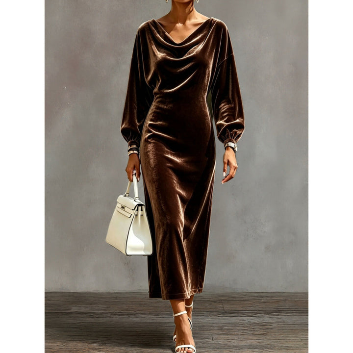 Damen Midikleid aus Samt mit drapiertem Wasserfallkragen und Ballonärmeln Echoarchiv
