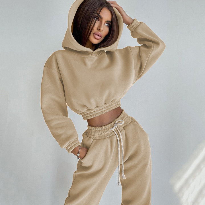 Damen nan Cropped-Hoodie-Loungewear-Set mit elastischem Rippbund, hoher Taillen-Jogginghose und dekorativem Kordelzug Echo Archiv