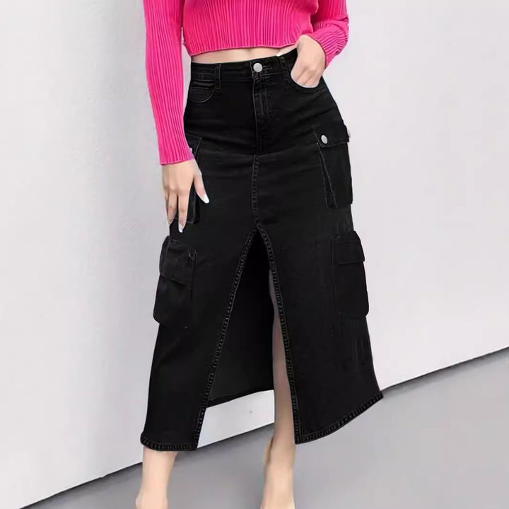 Damen High-Waist Cargo-Denim-Midirock mit Frontschlitz Echo Archiv