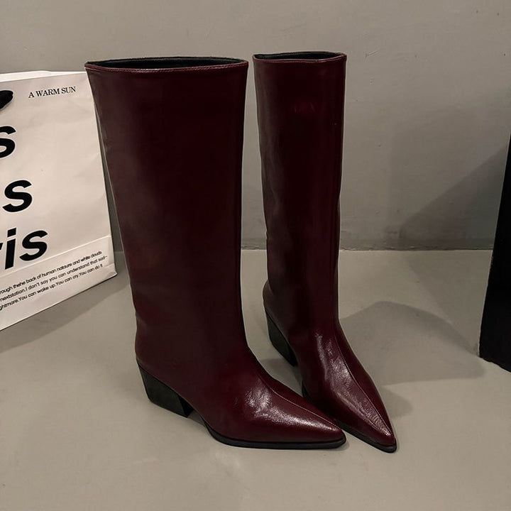 Damen Spitz zulaufende halbhohe Stiefelette mit skulptiertem Blockabsatz Echo Archiv