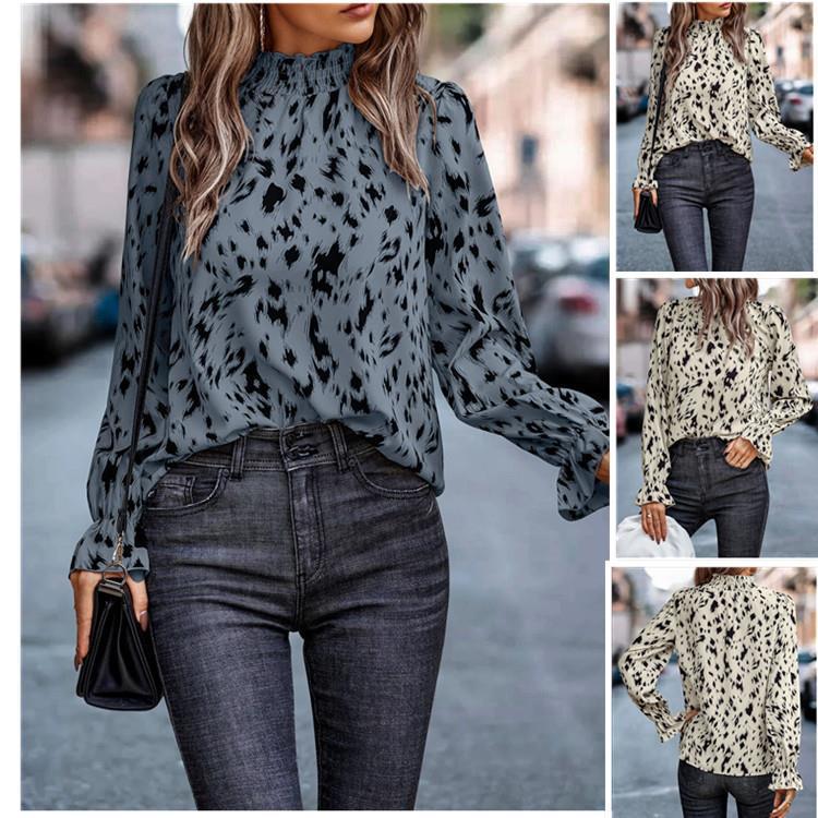 Damen Langarm-Chiffonbluse mit gerafftem Stehkragen und Fleckenmuster Echoarchiv