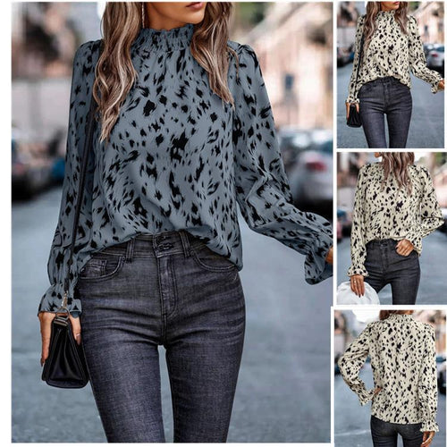 Damen Langarm-Chiffonbluse mit gerafftem Stehkragen und Fleckenmuster Echoarchiv