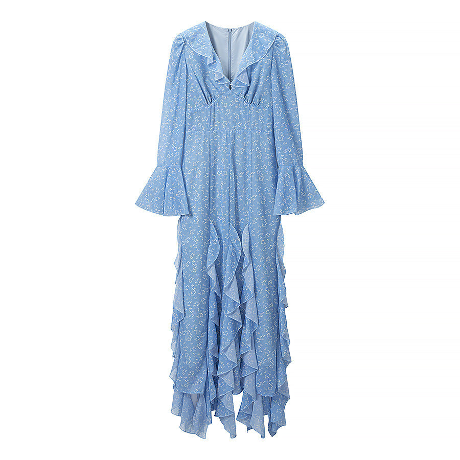 Damen Romantisches Stufen-Rüschen-Maxikleid mit V-Ausschnitt und Glockenärmeln Echo Archiv