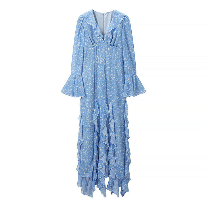 Damen Romantisches Stufen-Rüschen-Maxikleid mit V-Ausschnitt und Glockenärmeln Echo Archiv