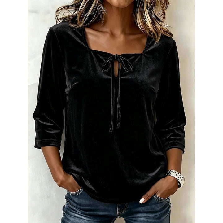 Damen Samtbluse mit eckigem Ausschnitt, Kordelzug und dreiviertel Ärmeln Echoarchiv
