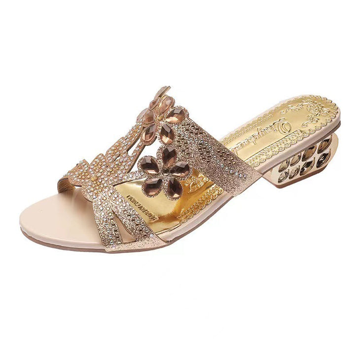 Damen nan verzierte Riemchensandalen mit mittelhohem geometrischem Blockabsatz und Kristallblumen Echo Archiv