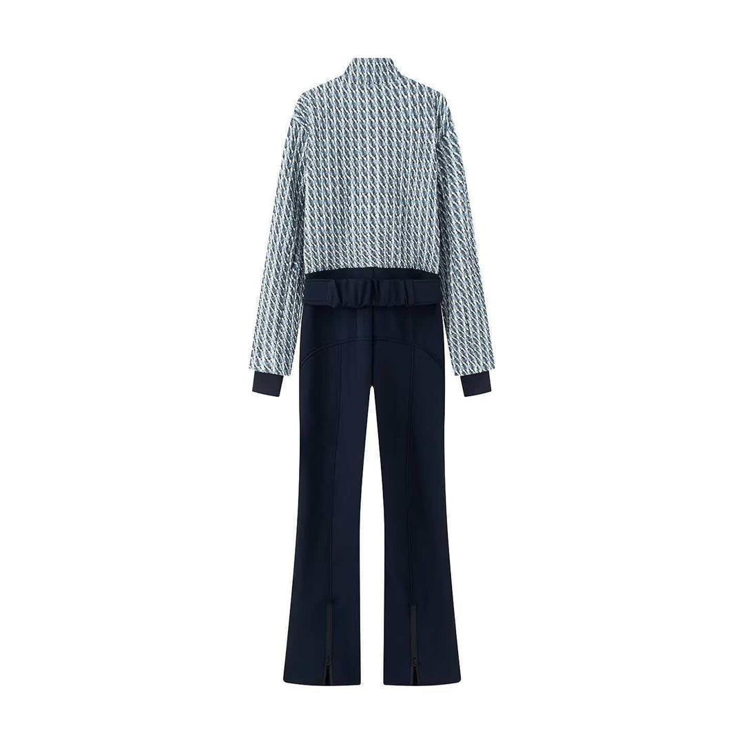 Damen nan kurz geschnittenes Bouclé-Blouson-Set mit Stehkragen, verdecktem Reißverschluss und High-Waist Schlaghose Echo Archiv