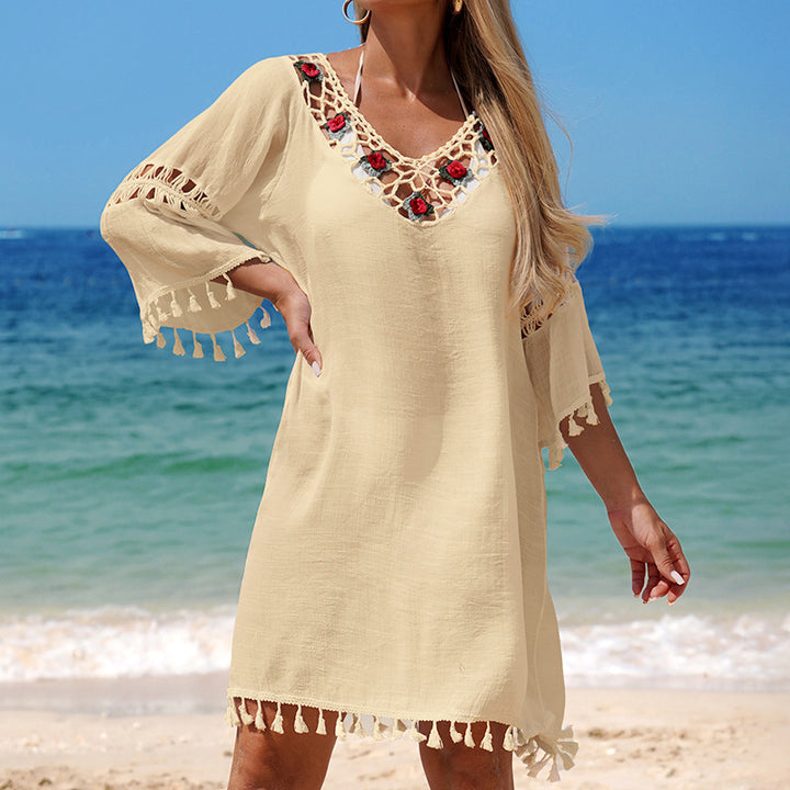 Damen Häkel-Strandkleid mit eleganter Stickerei und Fransen Echo Archiv