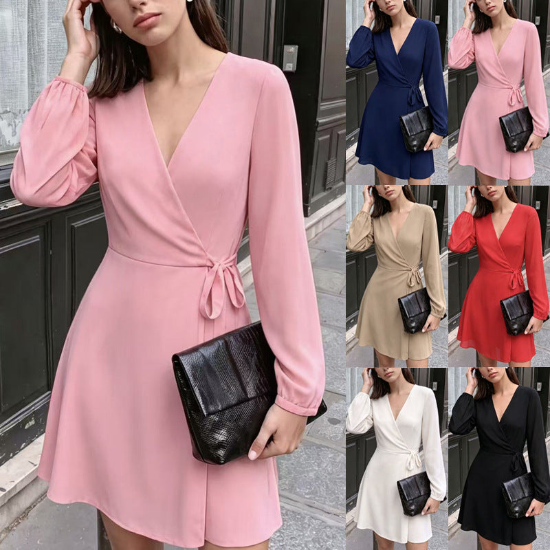 Damen Elegantes Wickel-Minikleid mit tiefem V-Ausschnitt und langen Ärmeln Echoarchiv
