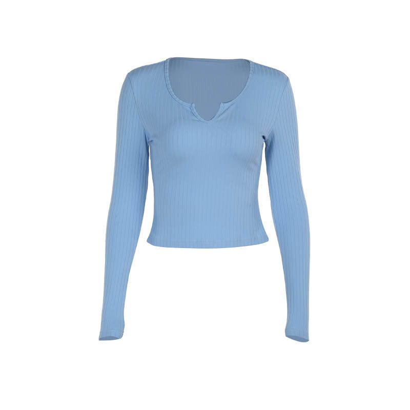 Damen figurbetontes Langarmshirt mit V-Ausschnitt und Rippstruktur Echo Archiv