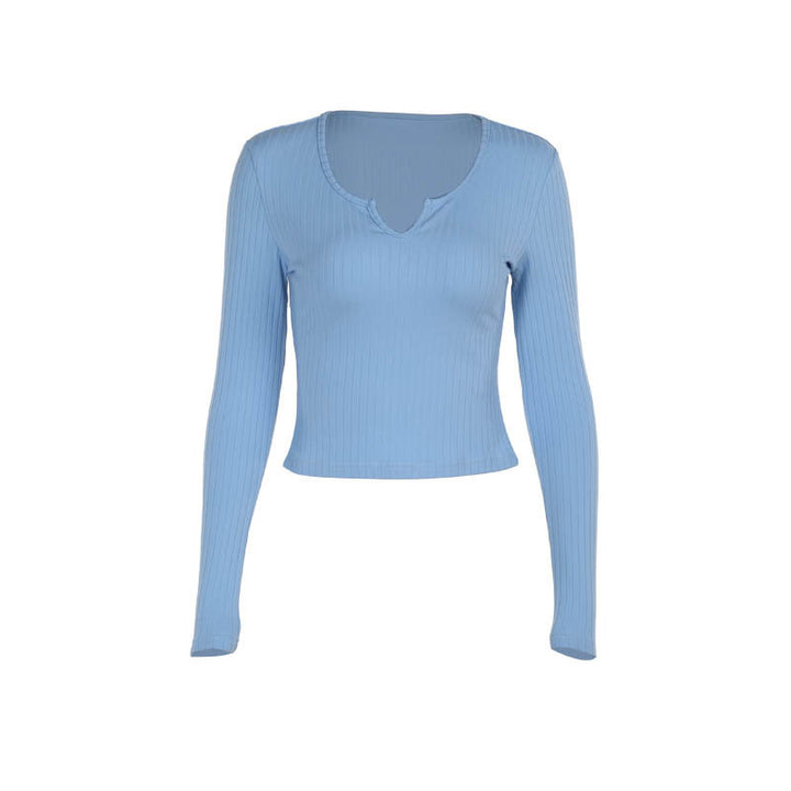 Damen figurbetontes Langarmshirt mit V-Ausschnitt und Rippstruktur Echo Archiv