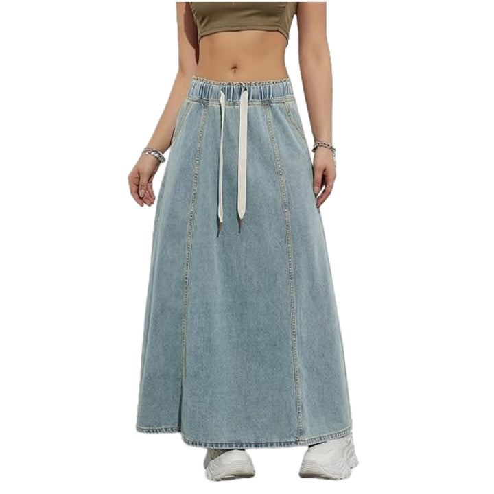 Damen Langer A-Linien Jeansrock mit elastischem Bund und Kordel Echoarchiv
