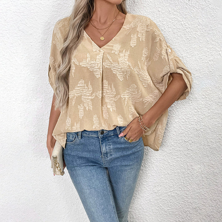 Damen leichte Oversize V-Neck Bluse mit strukturiertem Jacquardmuster und krempelbaren Ärmeln Echoarchiv