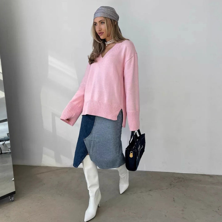 Damen nan oversized Feinstrickpullover mit tiefem V-Ausschnitt, gerippten Bündchen und lockerer Silhouette Echo Archiv