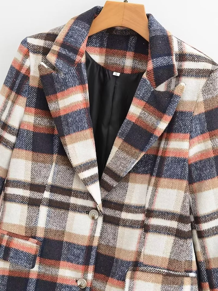 Damen Karierter Wollmix-Einreiher Blazer mit Reverskragen und Pattentaschen Echo Archiv