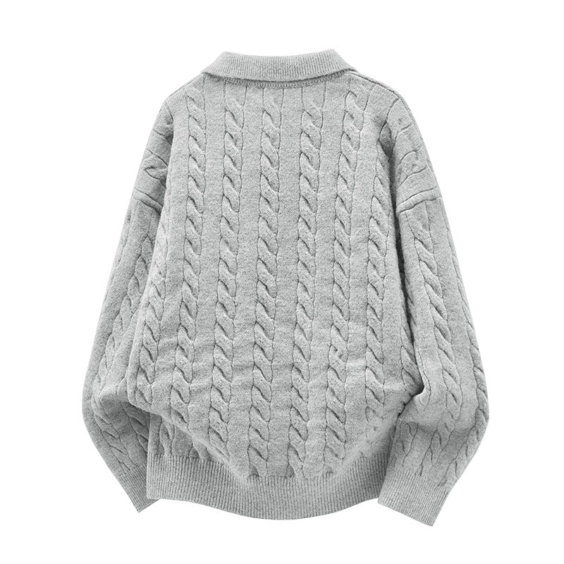 Damen Oversize Kabelstrick-Polo-Pullover mit V‑Ausschnitt und geripptem Saum Echoarchiv