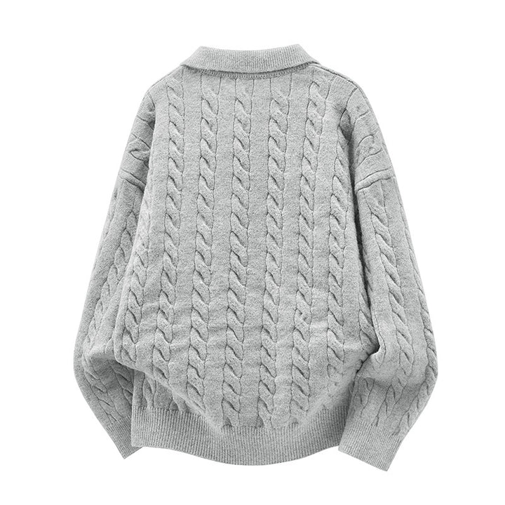 Damen Oversize Kabelstrick-Polo-Pullover mit V‑Ausschnitt und geripptem Saum Echoarchiv