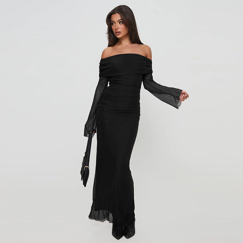 Damen figurbetontes Maxikleid mit schulterfreiem Design und Rüschendetails Echo Archiv