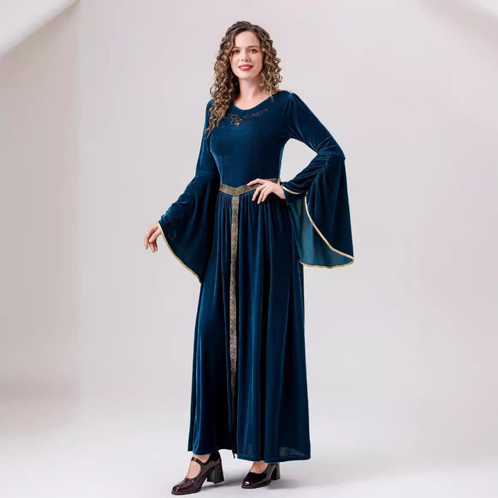 Damen elegantes Samtkleid mit Weitem Ärmel und Ziergürtel – Élara