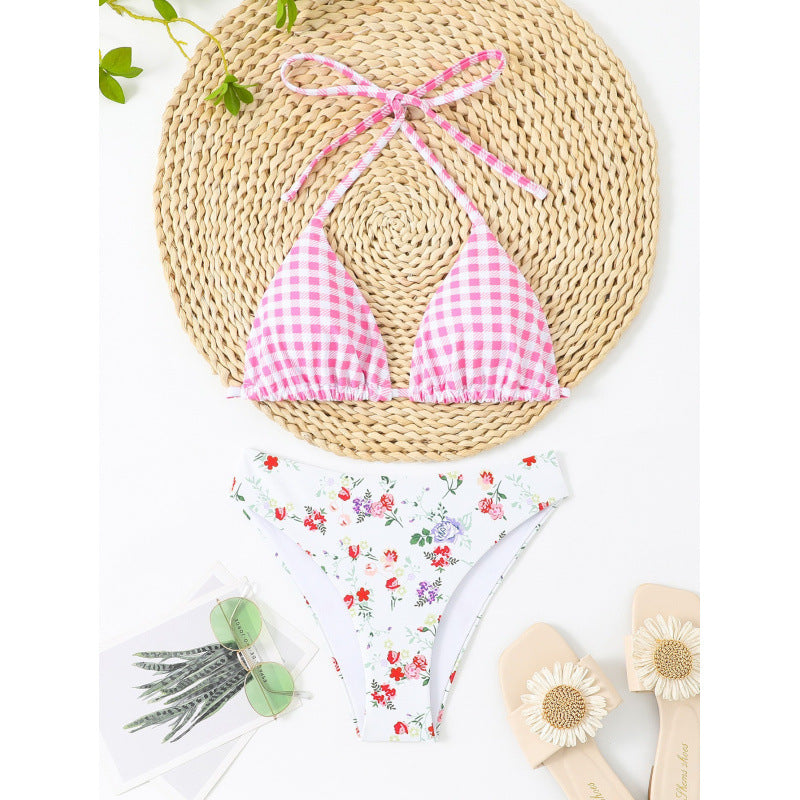 Damen Bikini-Set mit floralem Oberteil und kariertem Unterteil Echo Archiv