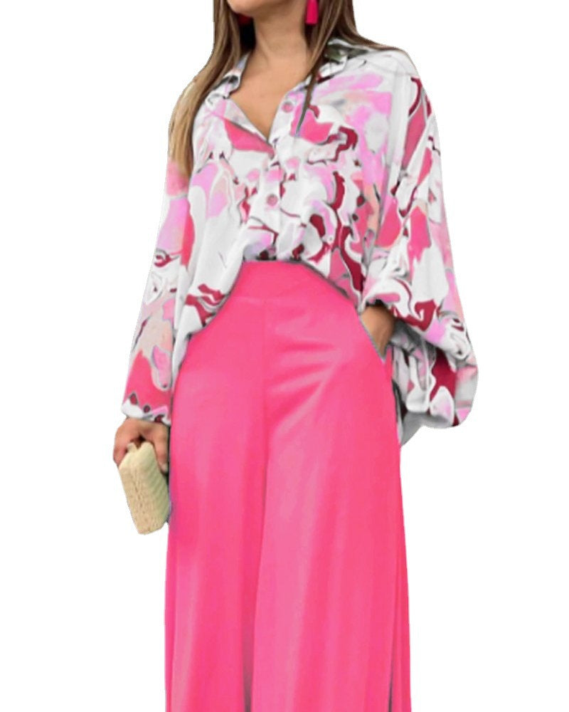Damen Oversize Hemdbluse mit abstraktem Aquarellprint und überschnittener Schulter – Élovi
