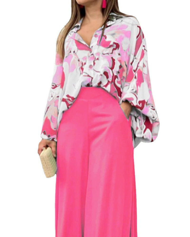 Damen Oversize Hemdbluse mit abstraktem Aquarellprint und überschnittener Schulter – Élovi