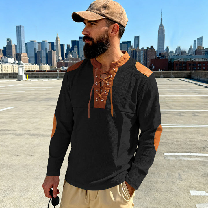 Herren Waffelstrick-Langarmshirt mit Schnürung und Kunstvelours-Ellbogenpatches – Cavarno