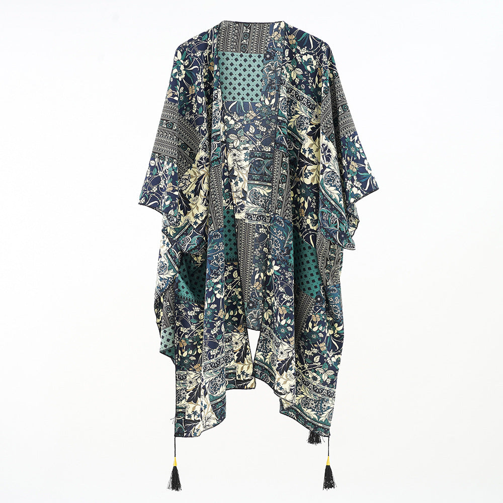 Damen Kaftan-Überwurf mit Patchwork-Blumenprint und Quasten – Avérine