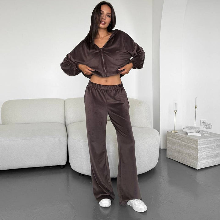 Damen Dreiteiliges Velours-Loungewear-Set mit Cropped-Top, Zip-Hoodie und weitem Palazzo-Hosenbein – Élanora