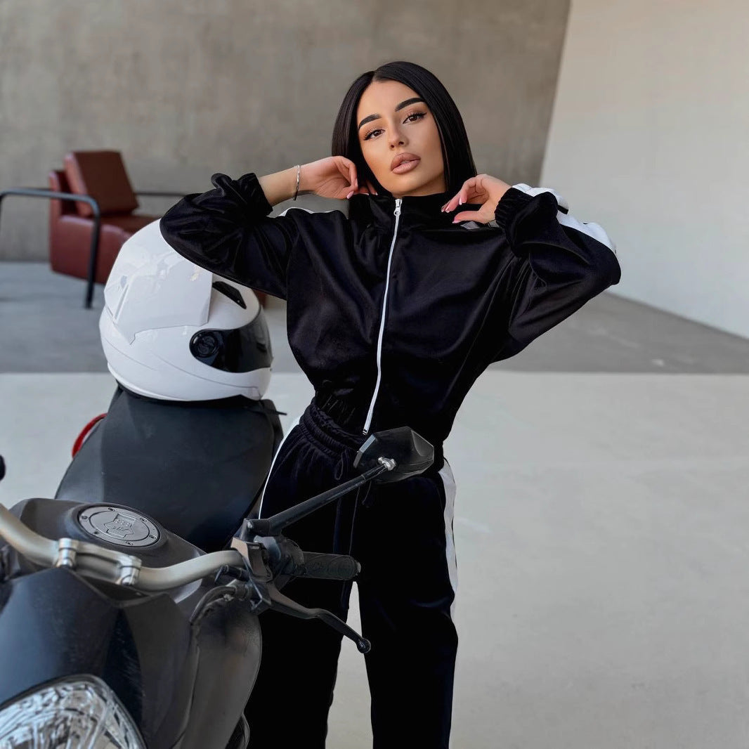 Damen weiches Samt Trainingsanzug Set mit Reißverschlussjacke und elastischer Tunnelzughose – Avérine