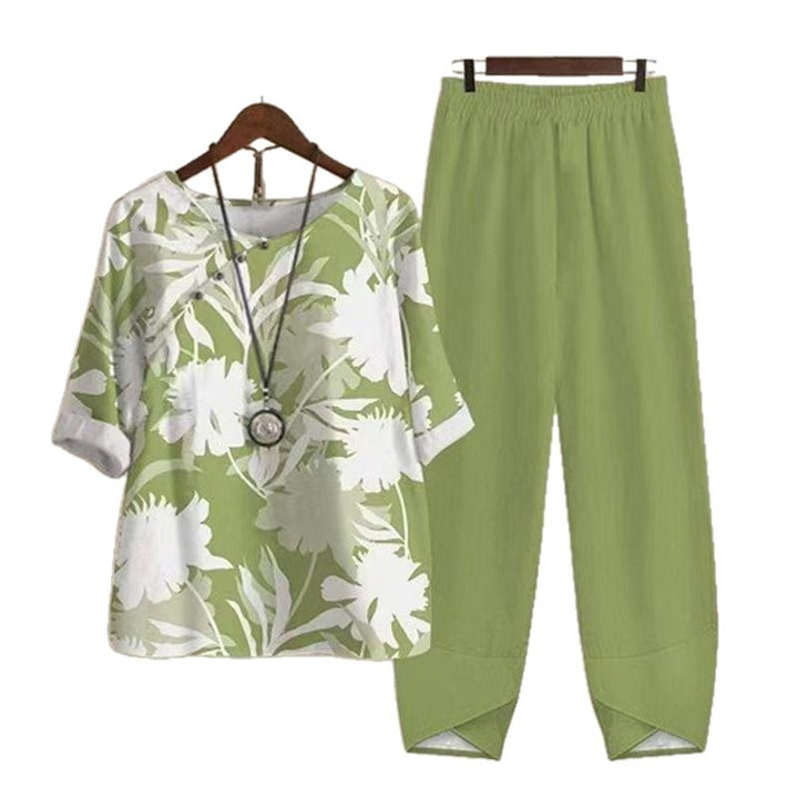 Damen nan luftiges Tunika-Zweiteiler mit botanischem Blattprint, legerer V-Ausschnitt-Bluse und elastischer Komforthose Echo Archiv