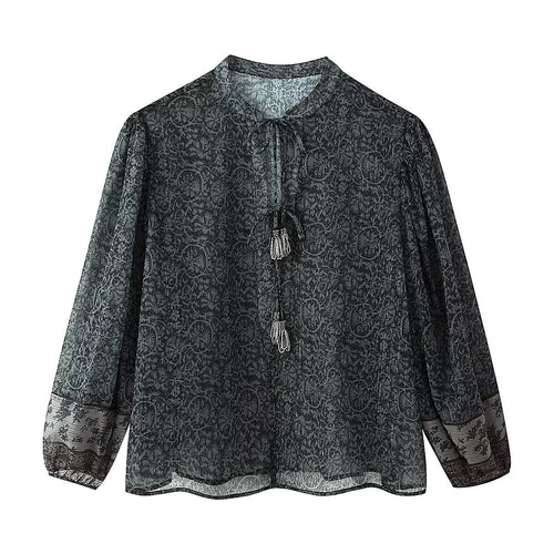 Damen Chiffon-Bluse mit Paisley‑Print, Quastenbändern und Ballonärmeln Echoarchiv