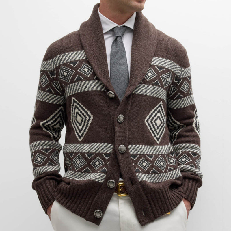 Herren Strickjacke mit modernem grafischen Muster und klassischem Kragen Echoarchiv