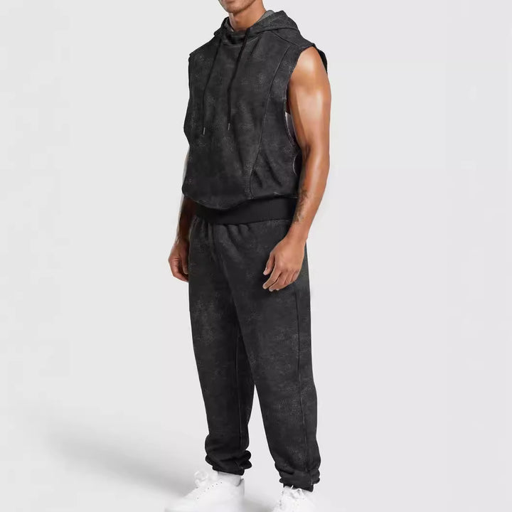 Herren nan ärmelloses Kapuzensweat-Set in Veloursoptik mit elastischer Jogginghose und gerippten Abschlüssen Echo Archiv