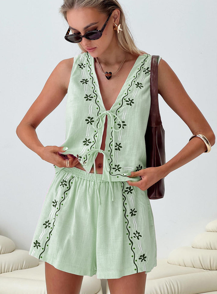 Damen luftiges Zweiteiler-Set mit floraler Stickerei Echo Archiv