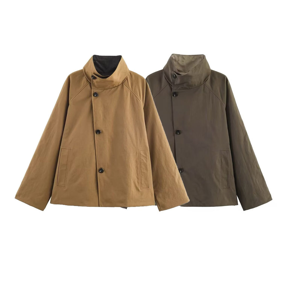 Damen Oversize-Kurzmantel mit hohem Stehkragen, Raglanärmeln und verdeckter Knopfleiste Echo Archiv