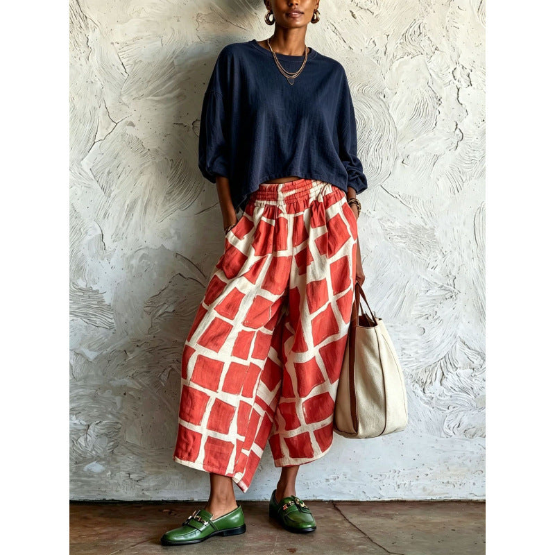 Damen Gemusterte Culotte-Palazzohose mit weitem Bein, elastischem Bund und Eingrifftaschen Echoarchiv