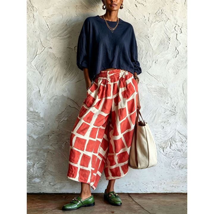 Damen Gemusterte Culotte-Palazzohose mit weitem Bein, elastischem Bund und Eingrifftaschen Echoarchiv