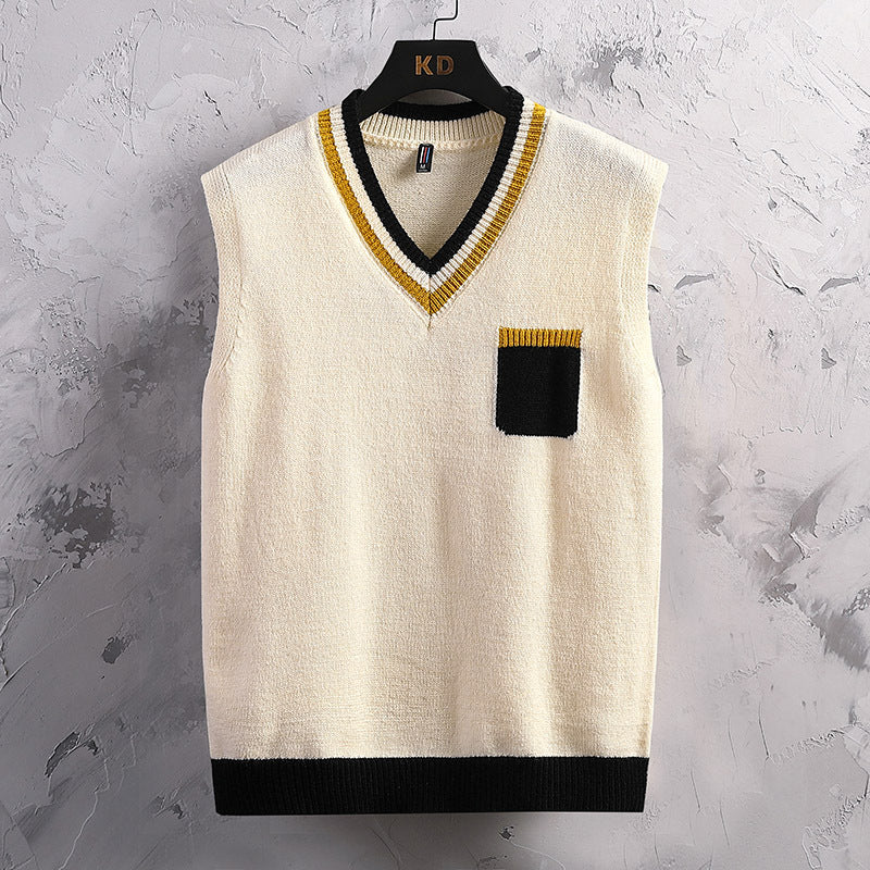 Herren ärmellose Strickjacke mit V-Ausschnitt und Farbblockdesign Echoarchiv