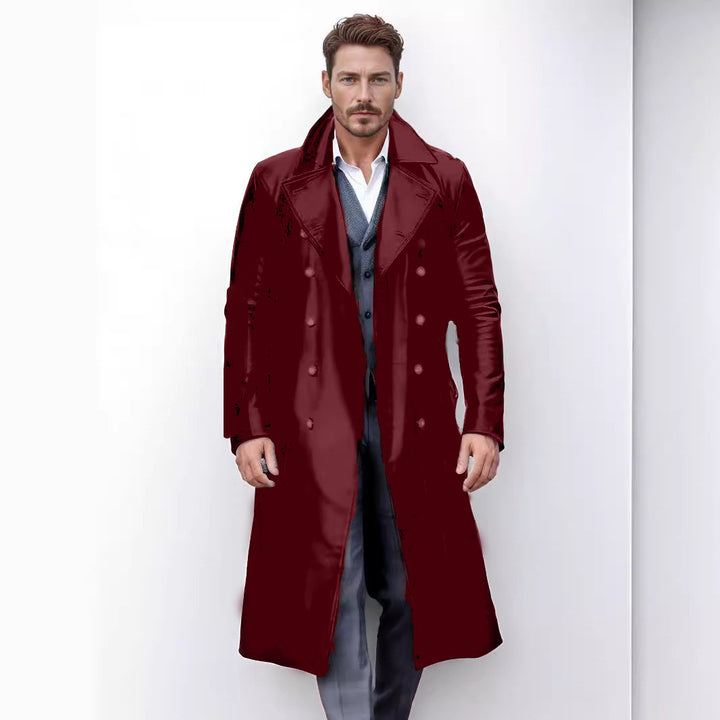 Herren Eleganter Kunstleder-Trenchcoat mit doppelt geknöpftem Design Echoarchiv