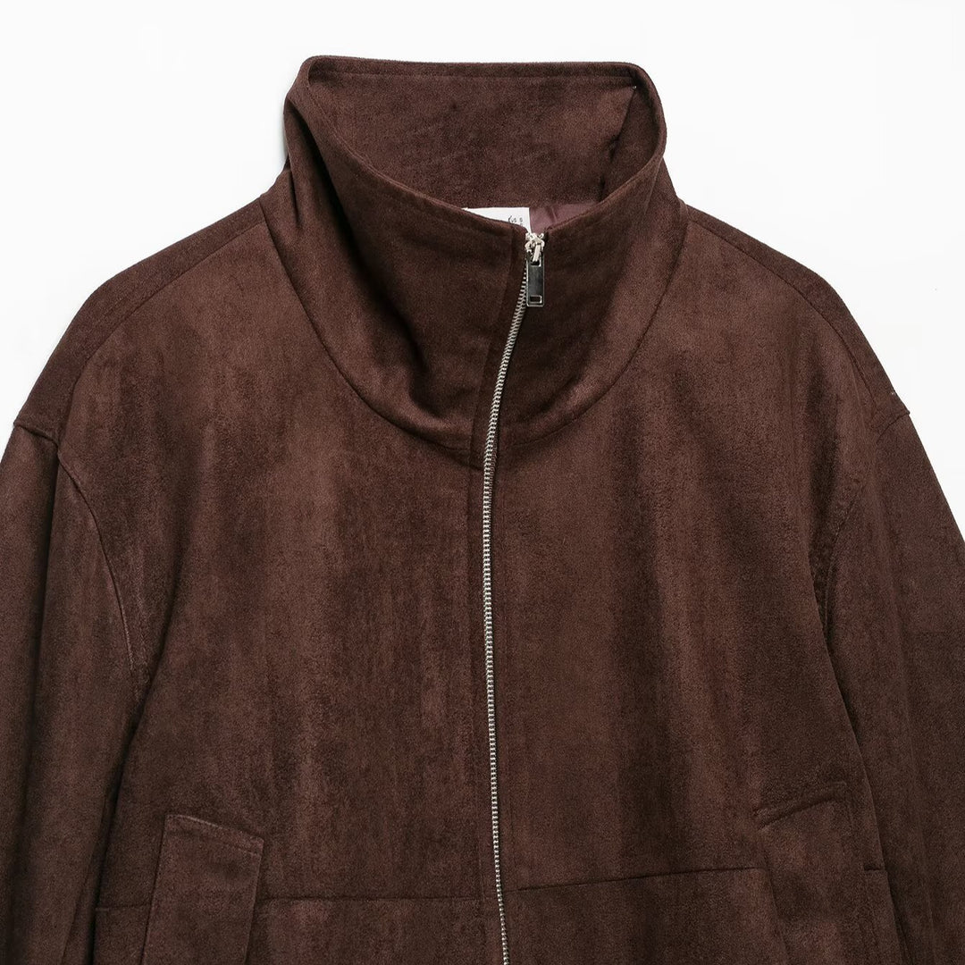 Damen Velourslederoptik Bomberjacke mit Funnelkragen und elastischem Saum Echoarchiv
